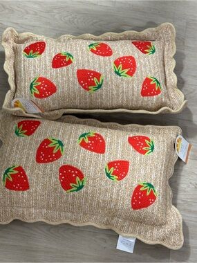 2 Strawberry Embroidered Rectangular Pillow - Red Strawberries on Beige